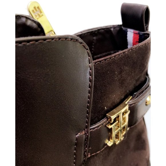 Tommy Hilfiger Irsela Brown Gold Ankle Zip Leather Booties - Picture 7 of 13